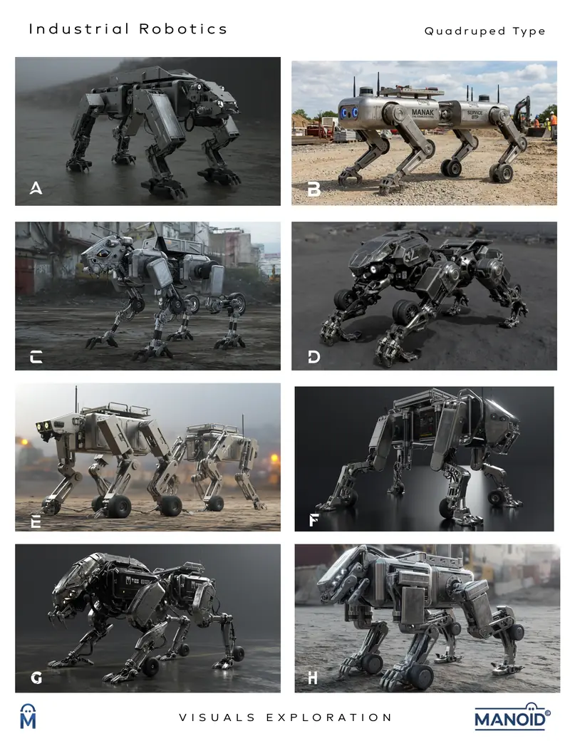 Exploration board of eight quadruped robot design directions labeled A to H.