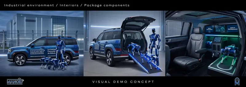 Three-panel demo board showing the branded vehicle exterior, rear loading ramp with robots, and on-board control interior.