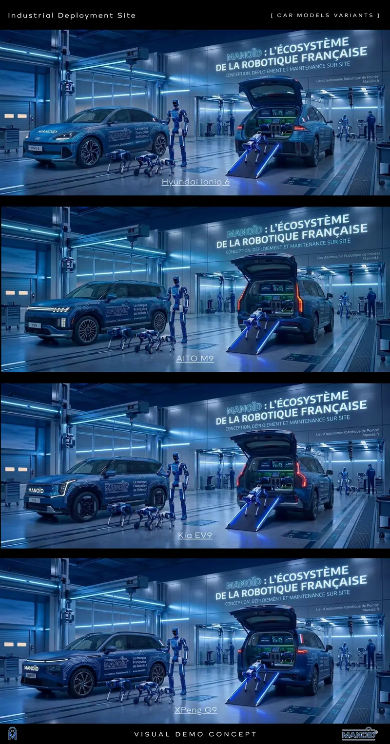 Vertical board of four deployment-bay scenes, each staged with a different electric car model.