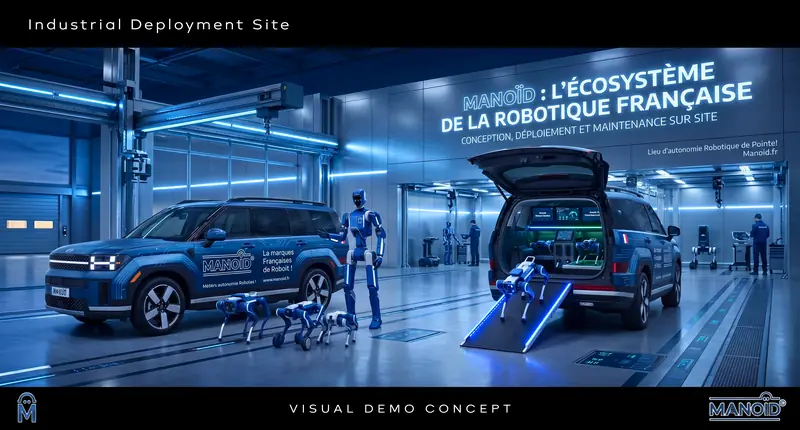 Branded demo scene of a Manoid deployment bay with an SUV, a humanoid robot and quadruped robots on a loading ramp.