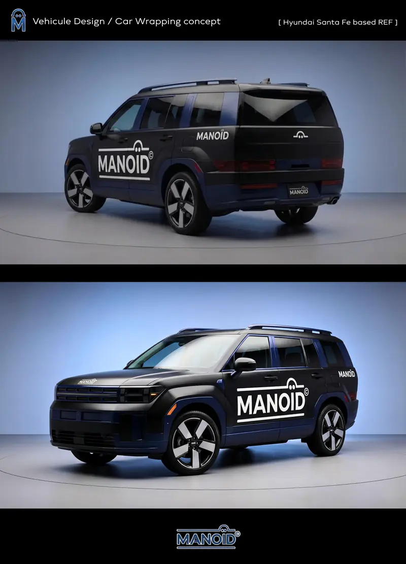 Rear and front three-quarter studio views of a black SUV carrying the white Manoid wrap livery.