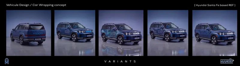 Lineup of five Manoid wrap livery variants on the same SUV, shown side by side.