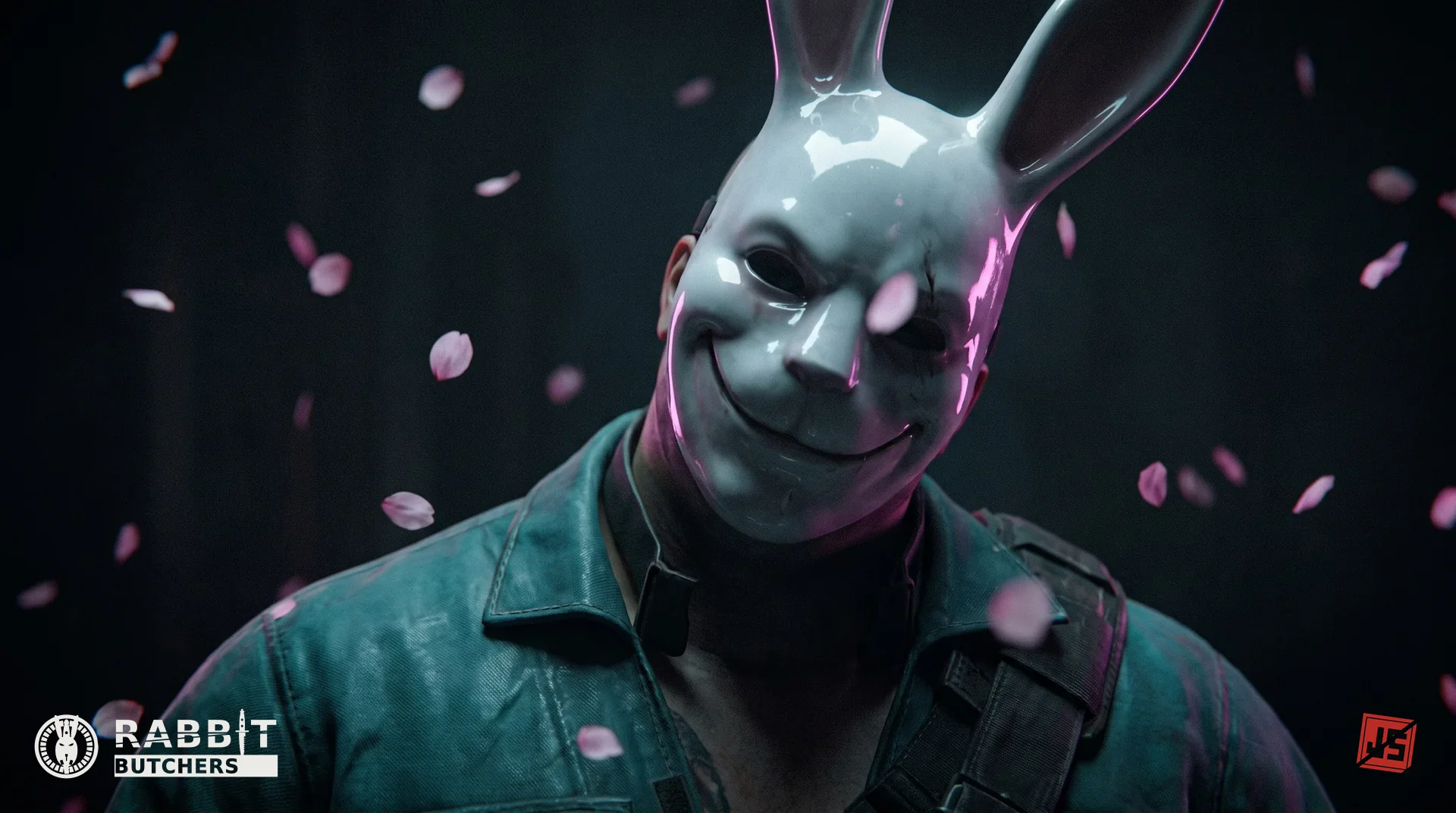 A masked operative turned to camera in a teal coverall, the white rabbit mask lit magenta on a fixed grin, cherry petals falling around him.