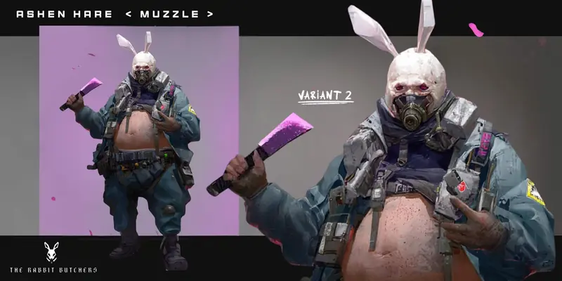 Variant sheet for Muzzle pairing a full-body pose with a magenta cleaver on a mauve panel with a larger gas-masked second variant.