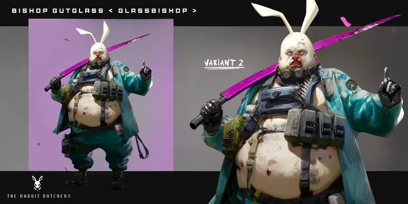 Variant sheet for Glassbishop pairing a full-body pose on a magenta panel with a larger second variant of the teal-coated, rabbit-masked butcher.