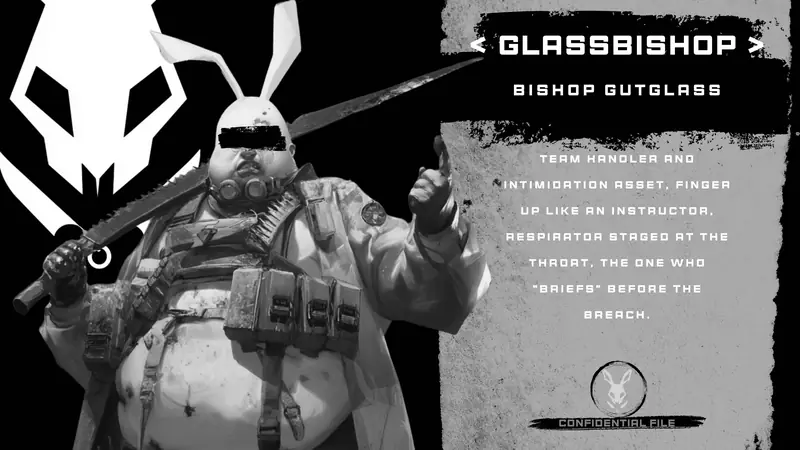 Black-and-white confidential-file card for Glassbishop, Bishop Gutglass, a rabbit-masked butcher raising one finger beside a role-description panel.