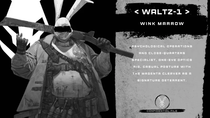 Black-and-white confidential-file card for Waltz-1, Wink Marrow, a butcher posing casually with a long weapon across his shoulders, beside a role-description panel.