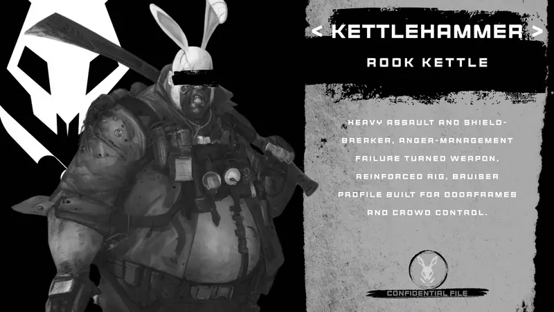 Black-and-white confidential-file card for Kettlehammer, Rook Kettle, a heavily armored bruiser with gauges on his chest rig, beside a role-description panel.