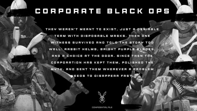 Black-and-white dossier card titled Corporate Black Ops, with backstory text framed by two rabbit-masked butchers whose eyes are covered by censor bars.