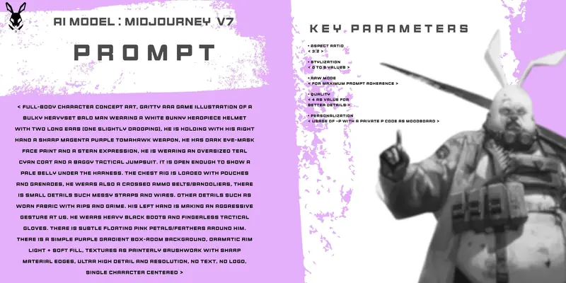 Process board listing the full Midjourney V7 prompt and key parameters beside a monochrome render of the Glassbishop character.