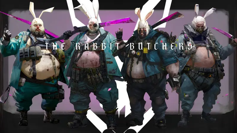 Four heavyset butchers in white rabbit masks and teal-and-blue tactical gear stand in a line under the Rabbit Butchers logotype and skull emblem.