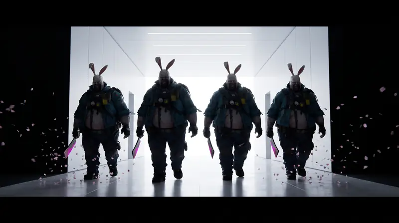 The four operatives walking out of the corridor with cleavers drawn.