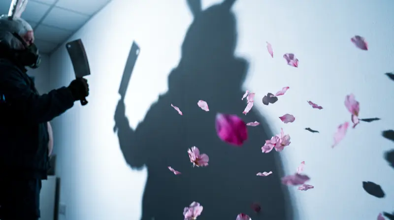 A raised-blade shadow thrown across a white wall, petals drifting through the light.