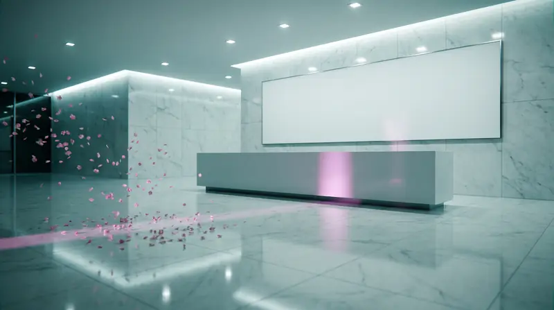A white marble corporate lobby with an empty reception desk, cherry petals scattered across the floor under teal light.