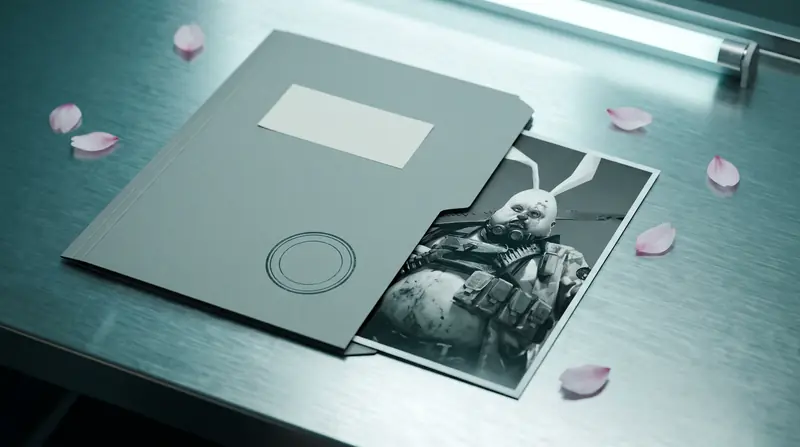 A grey personnel folder open on a steel surface, a black-and-white photograph of a masked operative slipped inside.