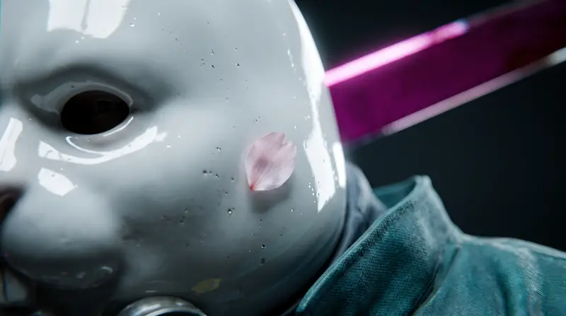 Close on a white rabbit mask, a magenta blade crossing behind it, a single petal caught on the cheek.