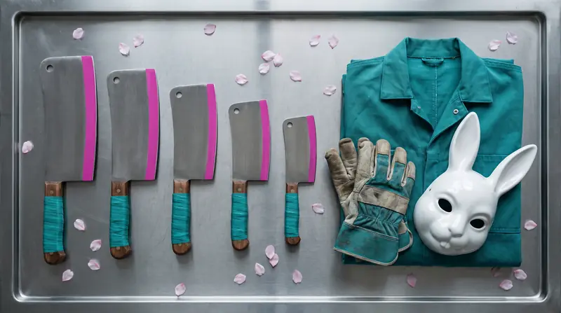 A steel tray laid out with five teal-wrapped cleavers, work gloves, folded coveralls and a rabbit mask.