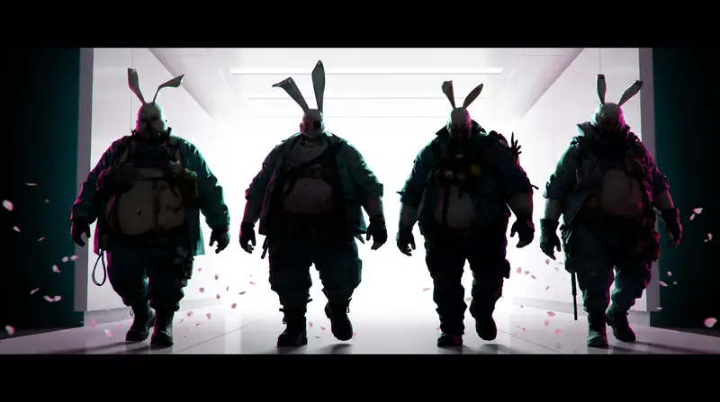 Four masked operatives in coveralls walking out of a lit white corridor, petals suspended in the air.
