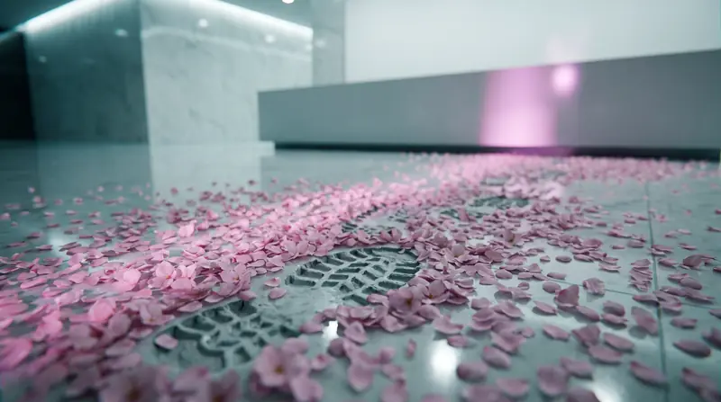 A boot print pressed through a carpet of cherry petals across a polished corporate floor.