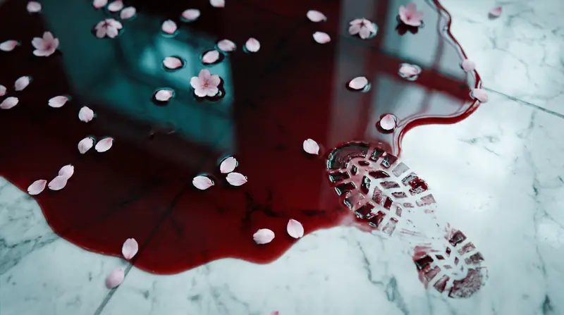 A dark pool spreading over white marble with petals floating on it, a partial boot print at the edge.
