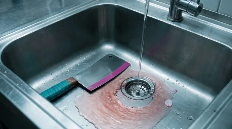 A cleaver resting in a steel sink under running water, the drain running pink.