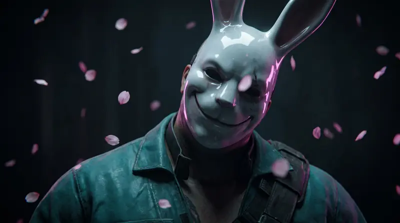 A masked operative turned to camera, the painted rabbit grin lit magenta, petals falling around them.
