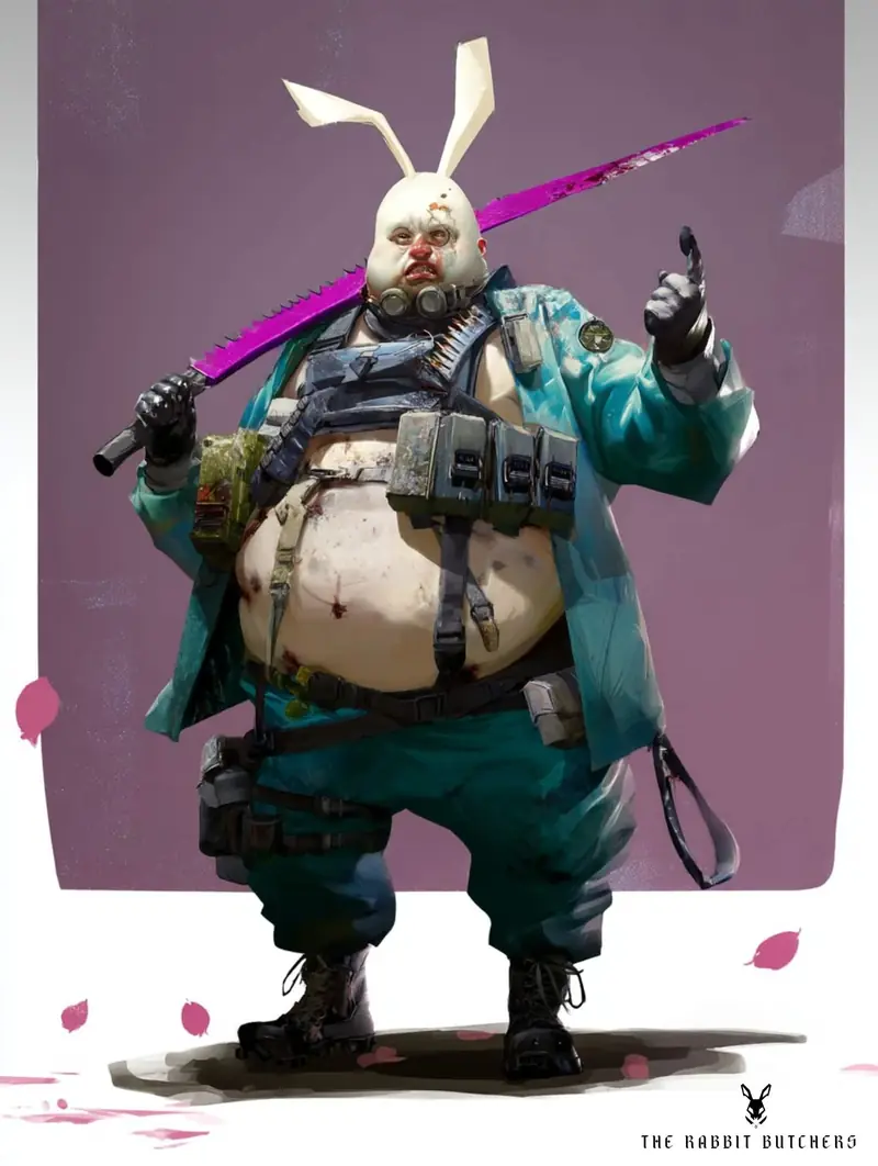Full-body color concept of Glassbishop in an oversized teal coat with a serrated magenta blade over his shoulder, one finger raised.