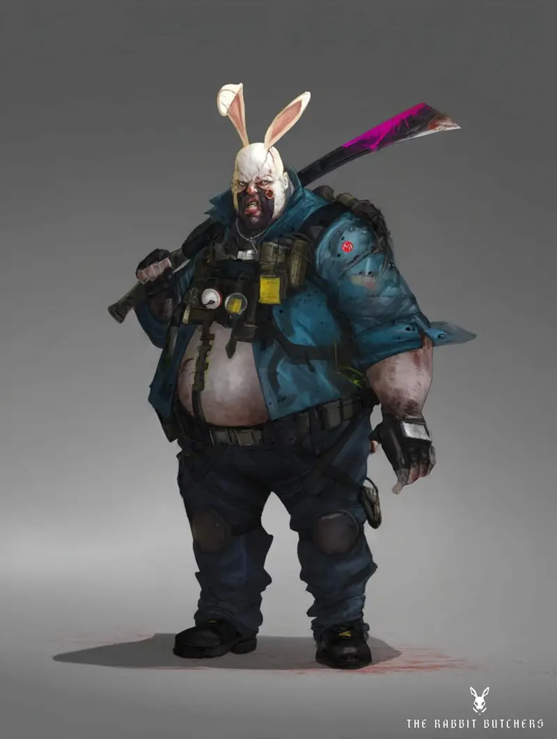Full-body color concept of Kettlehammer snarling in a blue work jacket, a dark magenta-edged blade resting across his shoulder.
