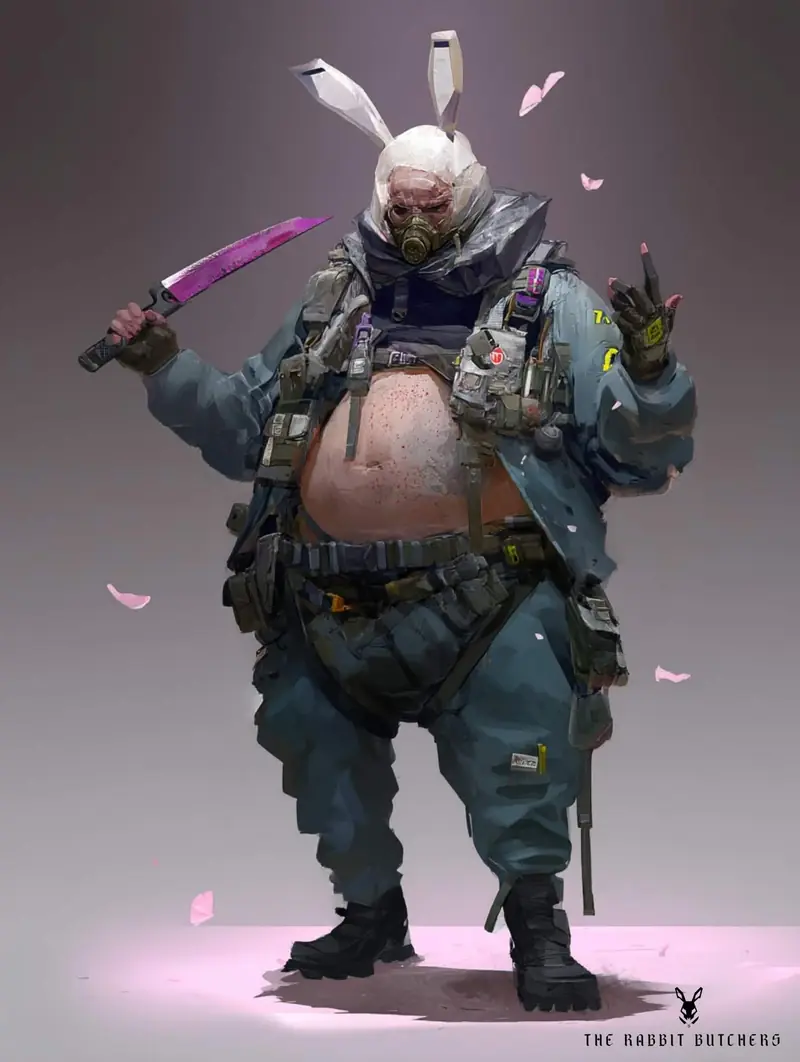 Full-body color concept of Muzzle, a hooded butcher in a gas mask and grey-blue fatigues, raising a magenta knife amid drifting pink petals.