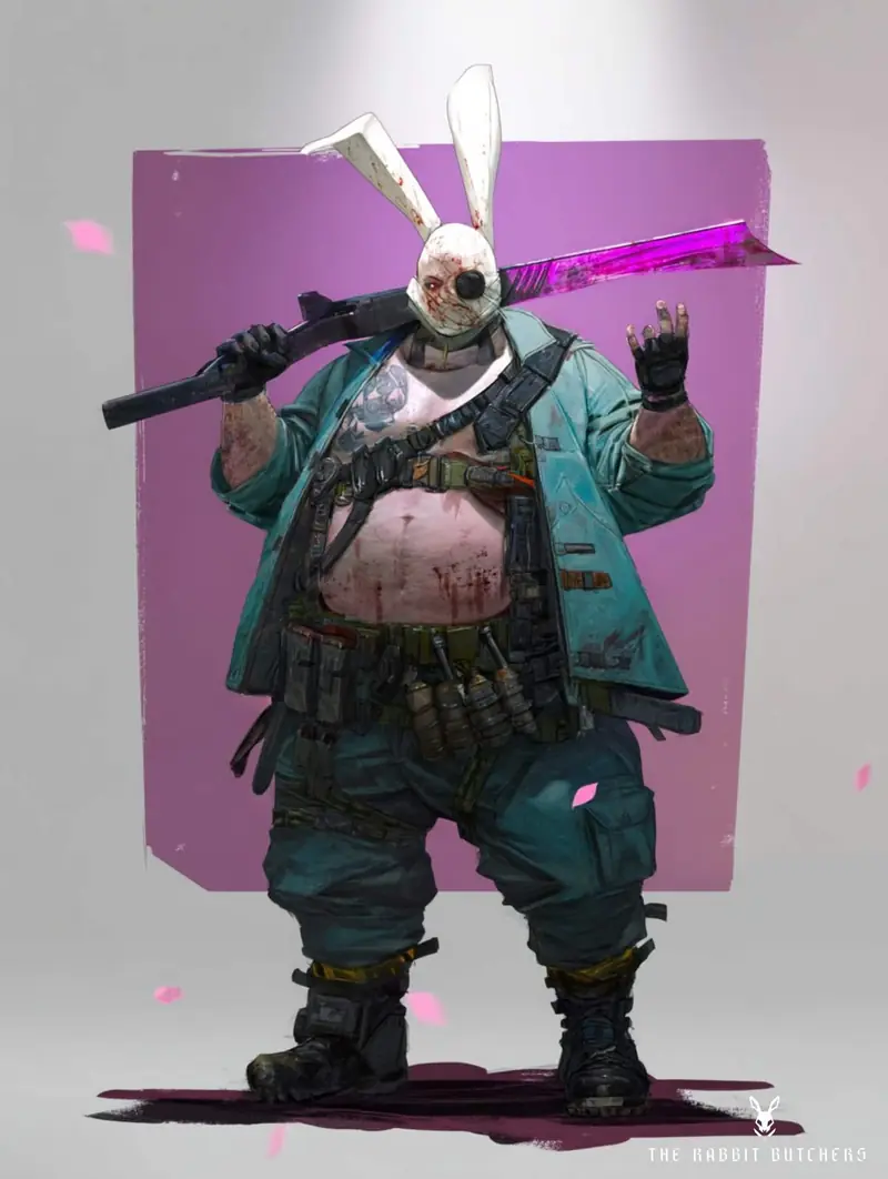 Full-body color concept of Waltz-1 wearing an eyepatch, a shotgun fitted with a magenta blade over his shoulder and one hand raised in a sign.
