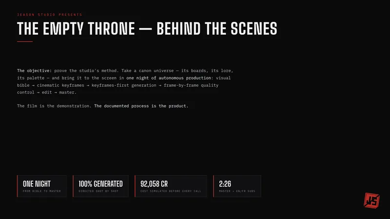 Behind-the-scenes board: the objective, one canon universe brought to the screen in one night of autonomous production.