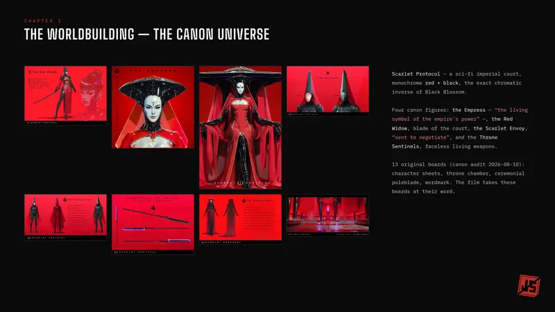Behind-the-scenes board: the canon universe, its original boards, its palette and the four court figures.