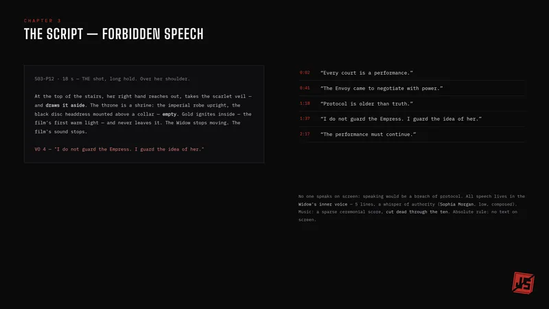 Behind-the-scenes board: the script, with forbidden speech, timed lines and the performance rule.