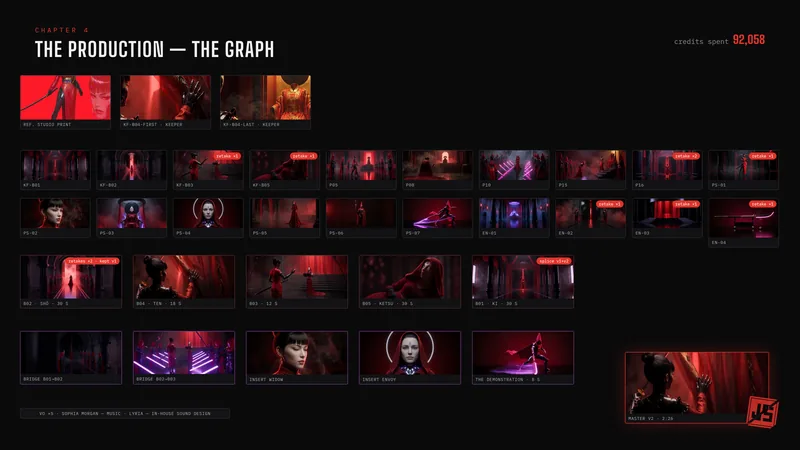 Behind-the-scenes board: the production graph, where keyframes are generated first, with frame-by-frame control.
