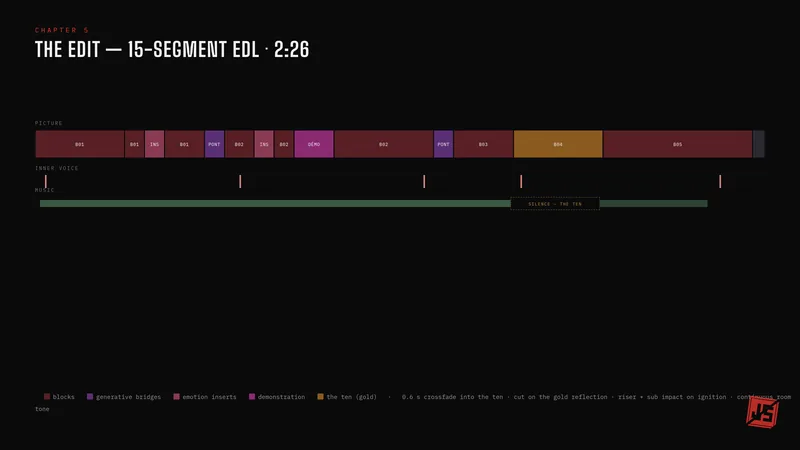 Behind-the-scenes board: the 15-segment edit decision list of the 2:26 film.