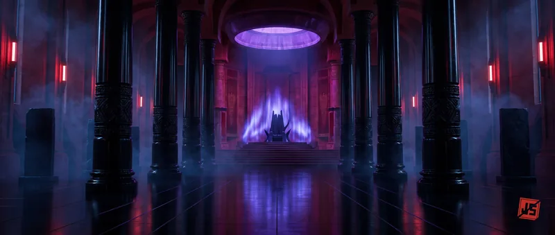 The throne chamber wide: black columns, red wall lights, the empty throne under a violet ring.
