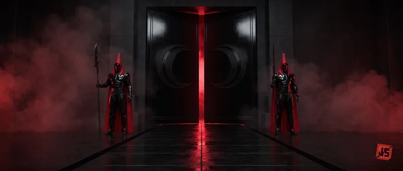 Two Sentinels flank the sealed black doors, a red seam of light splitting the floor.