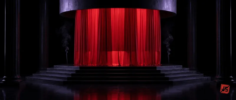 The shrine platform behind its red curtain wall, steps descending into darkness.