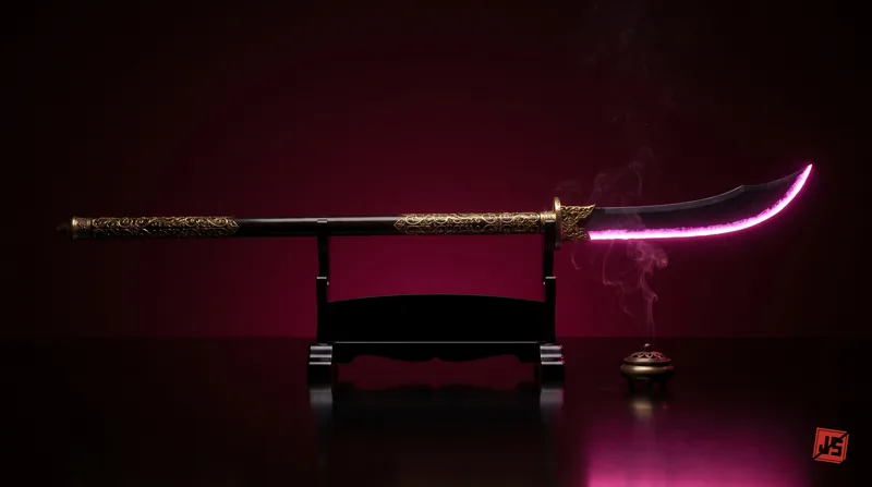 Product-style study of the ceremonial poleblade on its stand, magenta edge-light, incense smoke.