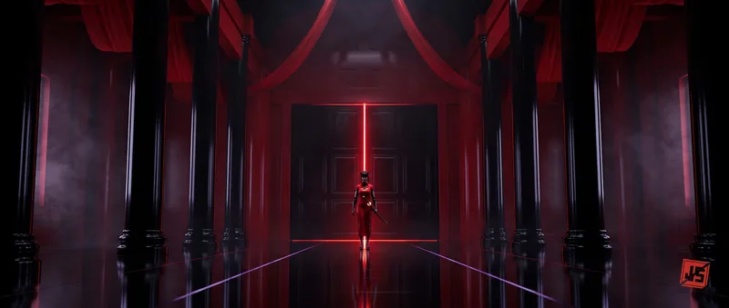 The empty throne chamber at rest: black colonnade, a thin red laser line crossing the floor toward the shrine.