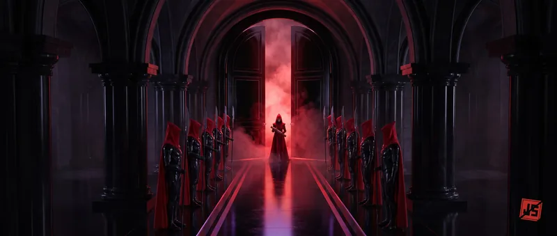 A lone red-robed figure walks a mirrored hall toward a red-lit doorway, sentinels lining the walls.