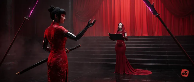 The Red Widow raises a hand before two red-clad court figures on polished steps, poleblades at rest.