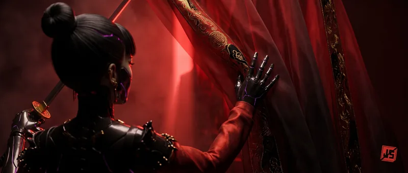 The Widow reaches toward a drawn red curtain, black lacquer armor catching the light.