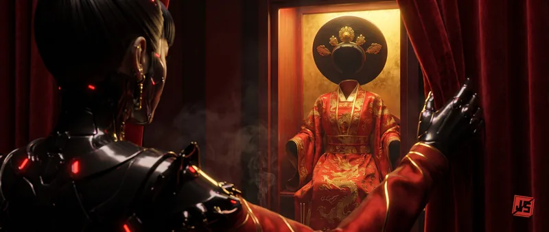 A gold-framed shrine holds a red ceremonial robe; the Widow stands before it in silhouette.