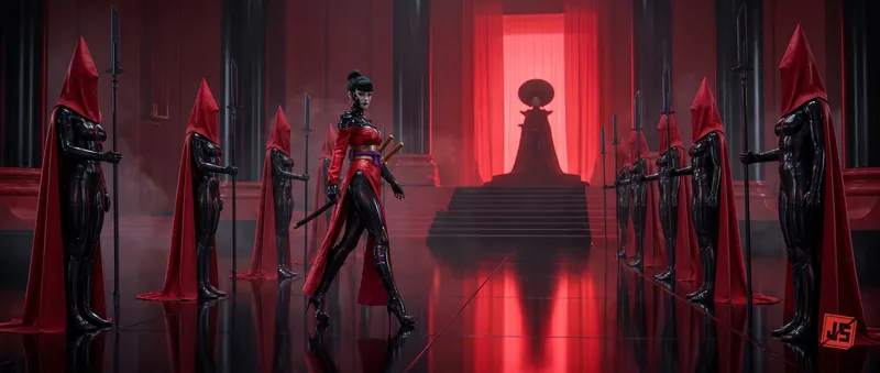 Red-robed figures cross a black reflective floor between rows of raised poleblades.