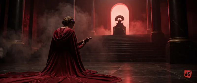 A caped figure kneels before the glowing arch of the throne, train pooling on the steps.