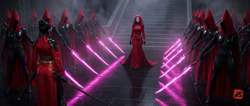The court ignites: crossing magenta light-lines cut through ranks of hooded sentinels.