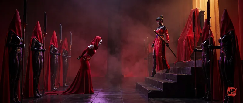 The Widow and the Envoy face each other on the steps as the veiled ranks close in.