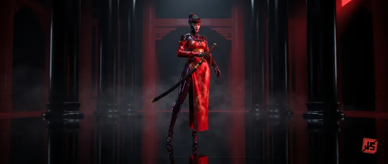 The Red Widow at full length: black graphite body, red split robe, blade at her side.