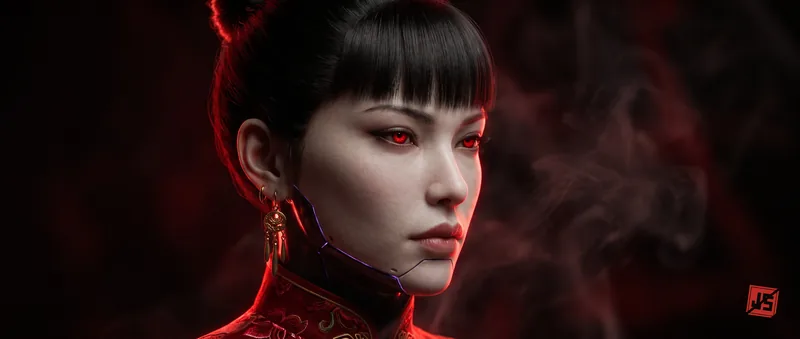 Close portrait of the Red Widow: black bob, red eyes, gold-trimmed high collar in drifting smoke.